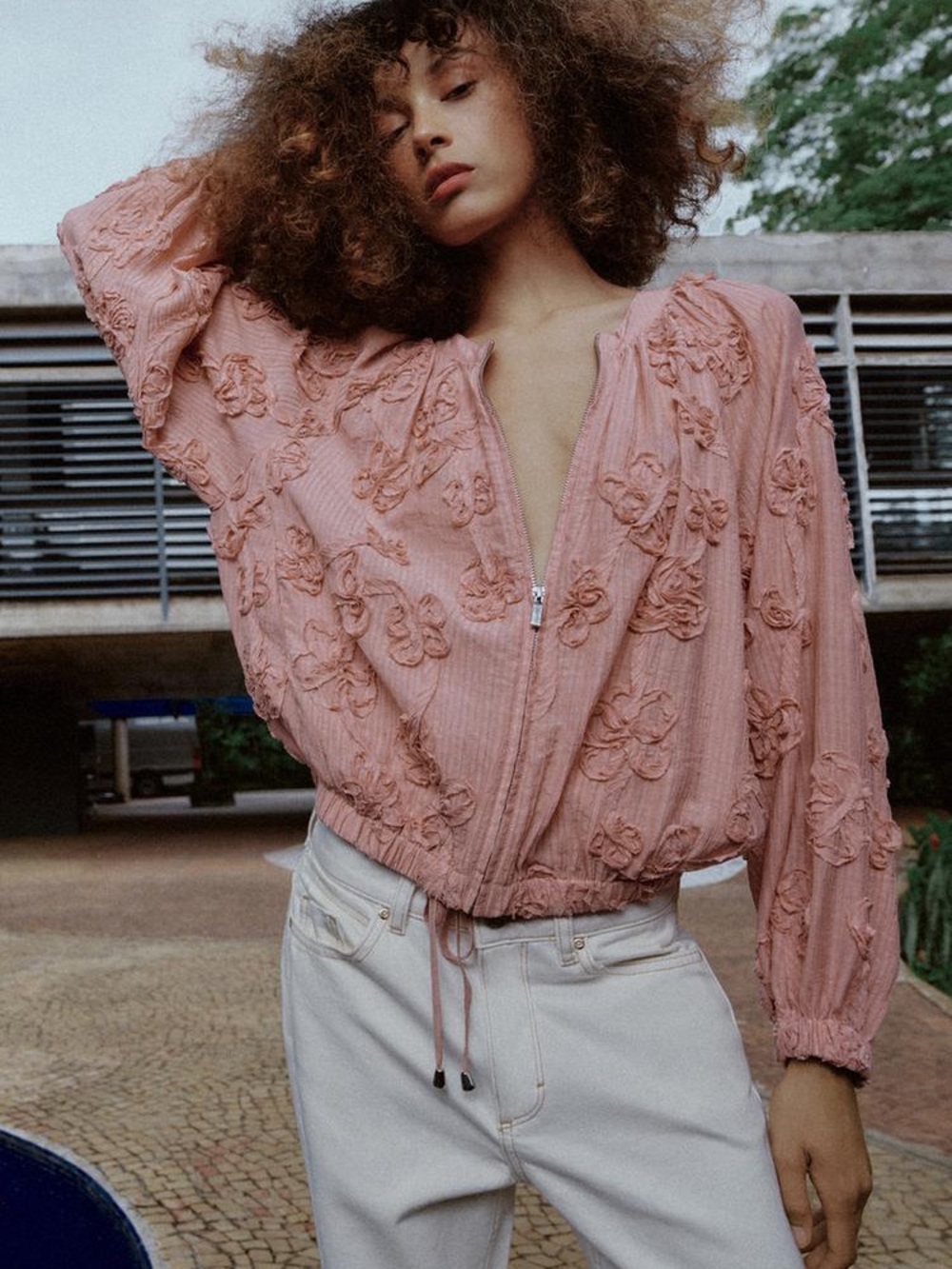 Zara Textured Zip-Front Jacket in Dusty Rose